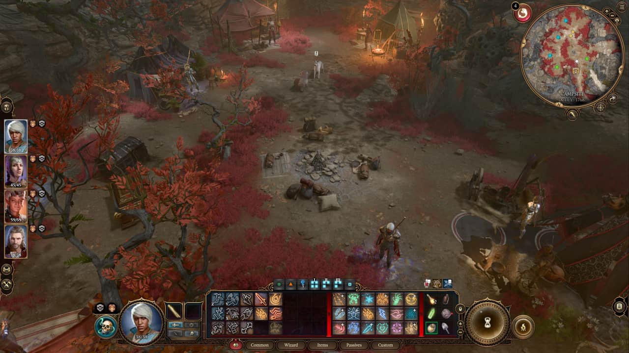how to leave camp in BG3: A party standing in camp in a dark crimson woodland.