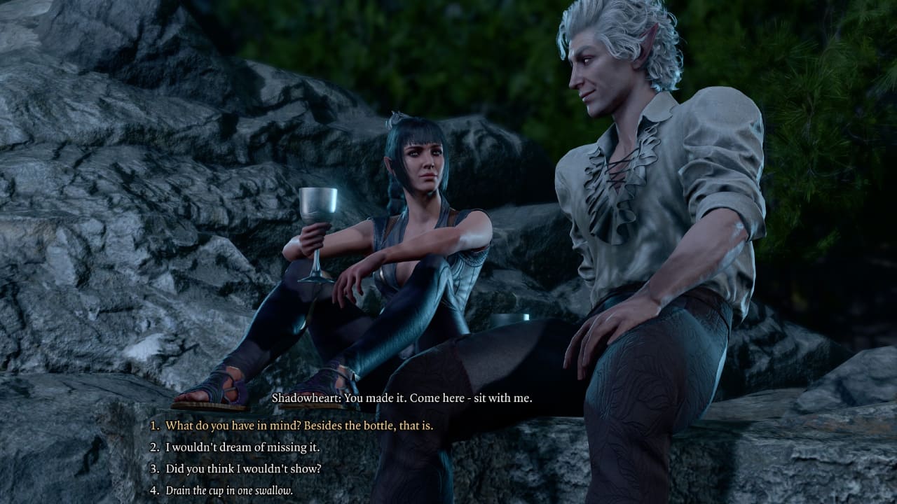 How to pause Baldur’s Gate 3: Astarion and Shadowheart sit on a rock drinking wine with romantic dialogue options open.