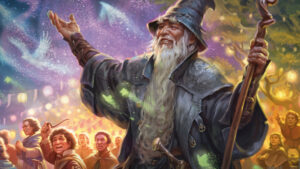 Learn how to play Magic: The Gathering through a painting of a wizard amidst a crowd.