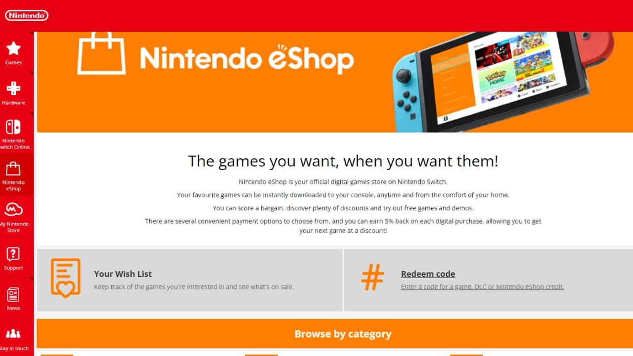 How to redeem Nintendo Switch gift cards explained: The eshop menu for Nintendo.