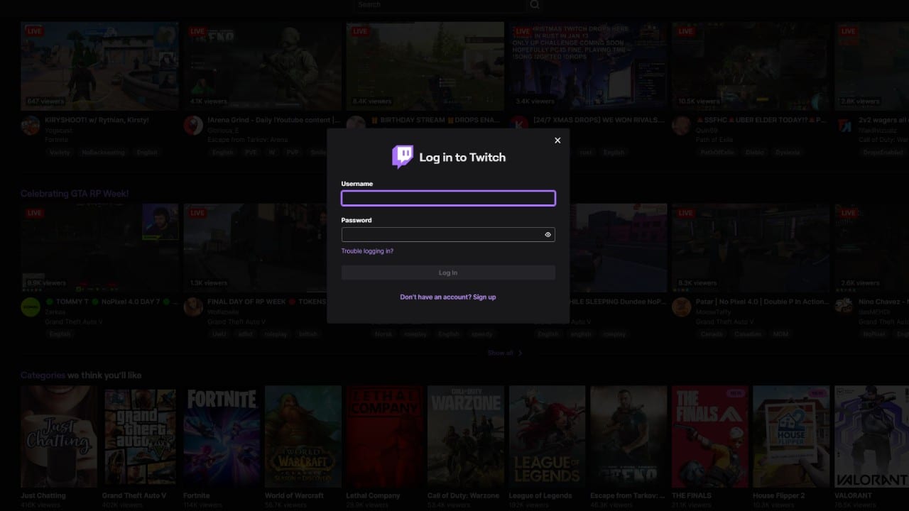 How to redeem Twitch gift cards explained: The log-in screen and main menu for Twitch.
