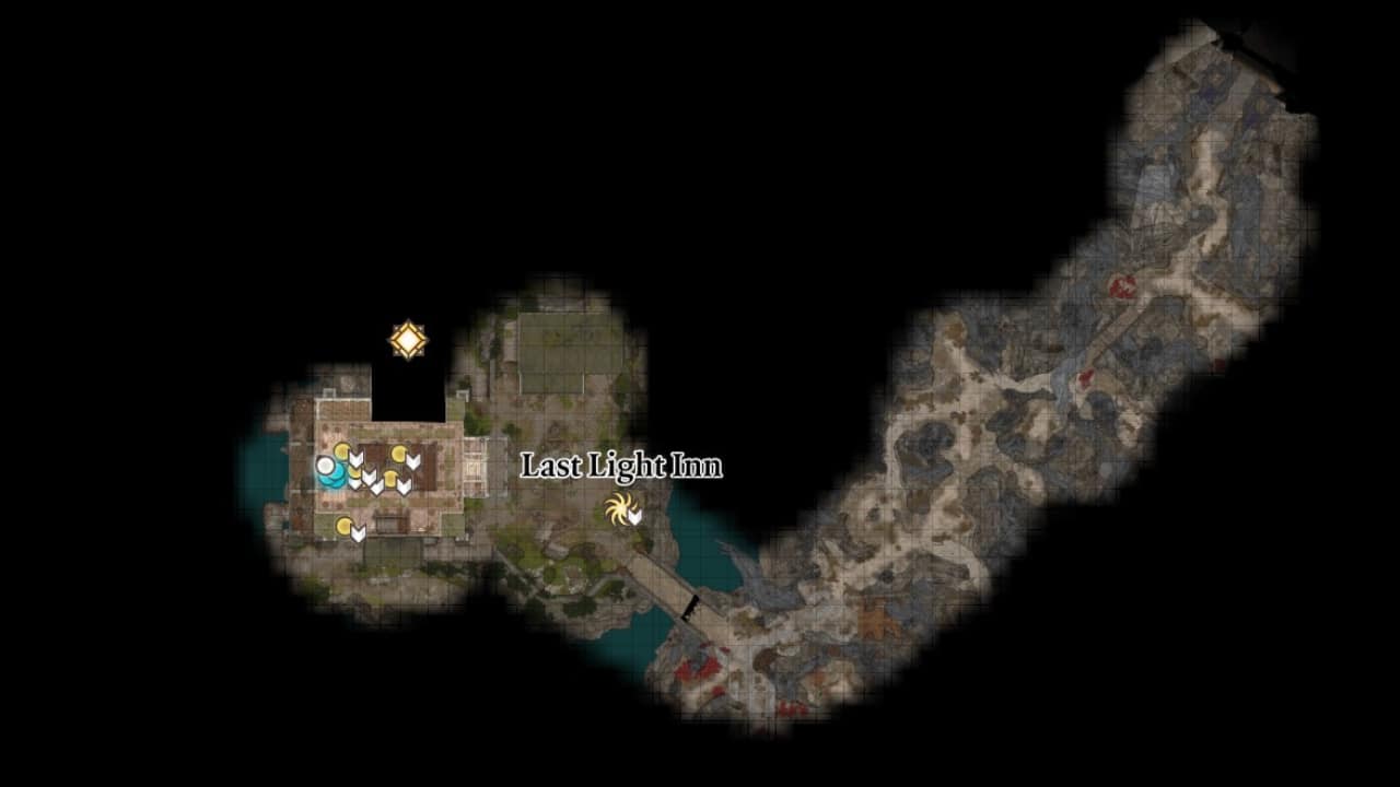 Baldur’s Gate 3 Last Light Inn and how to save Isobel: A map showing the route from the entry to the Shadow-Cursed Lands through the Grymforge, to Last Light Inn.