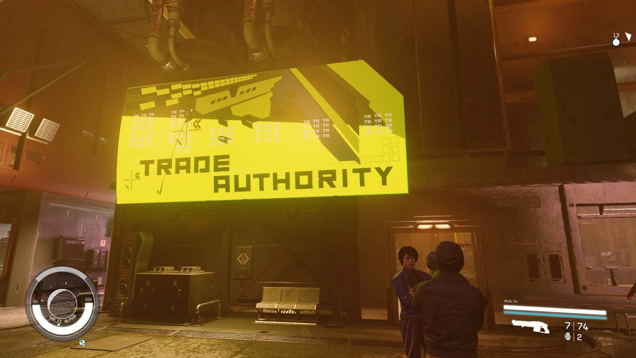 How to sell items in Starfield: The exterior of the Trade Authority, a discrete vendor in The Well, underneath New Atlantis.