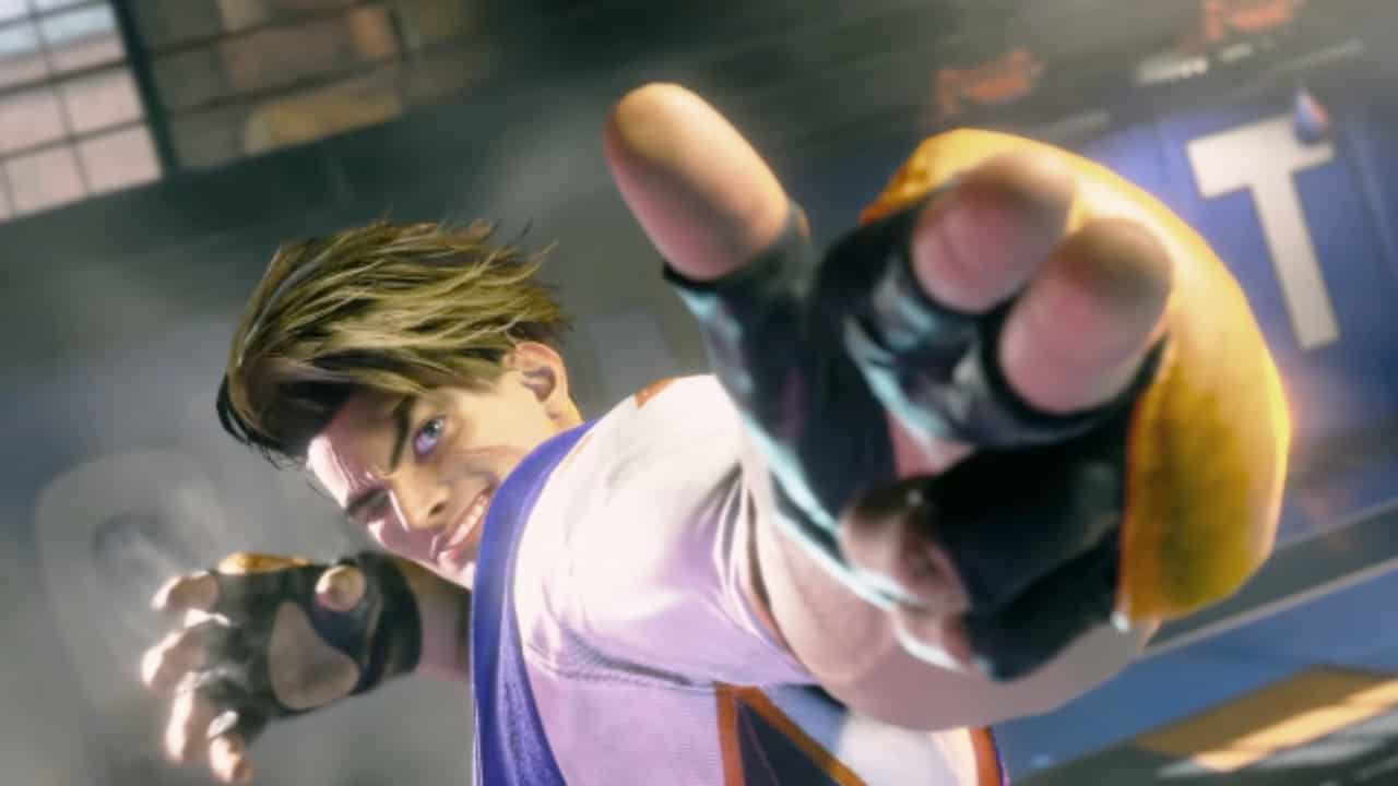 How to take photos in Street Fighter 6: Luke strikes a pose with his right hand pointed out towards the camera.