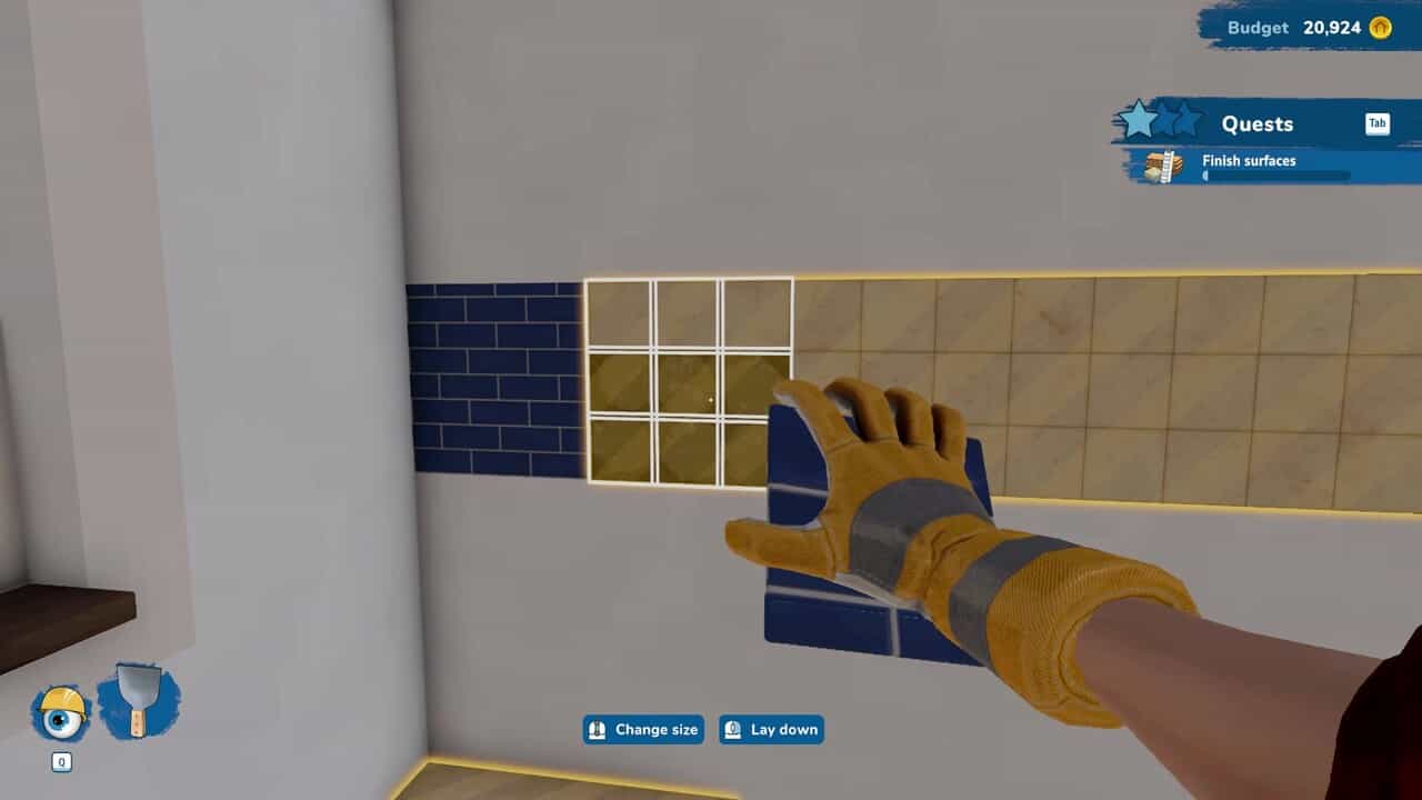 How to tile House Flipper 2: Placing blue tiles on the wall inside a grid