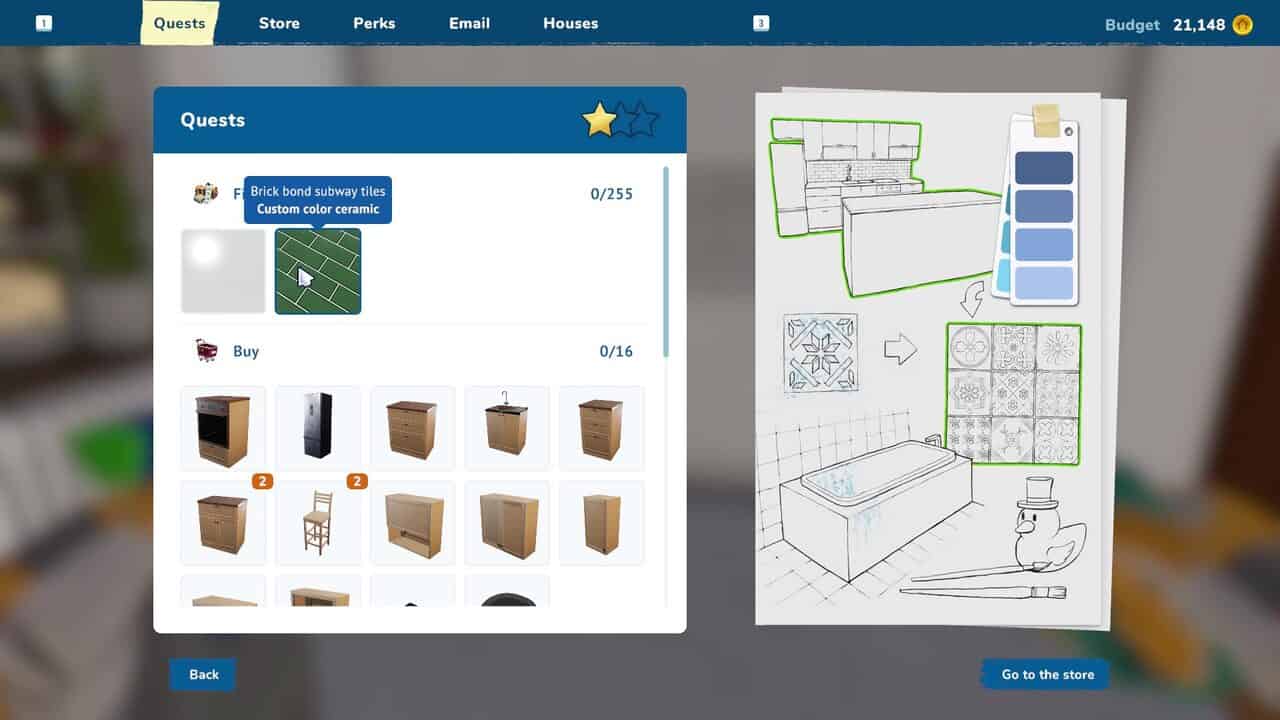 How to tile House Flipper 2: Selecting tiles in the mission quest menu