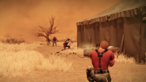 Forgiving Mode in Jagged Alliance 3: Steroid shoots an enemy with a sniper rifle, downing them.