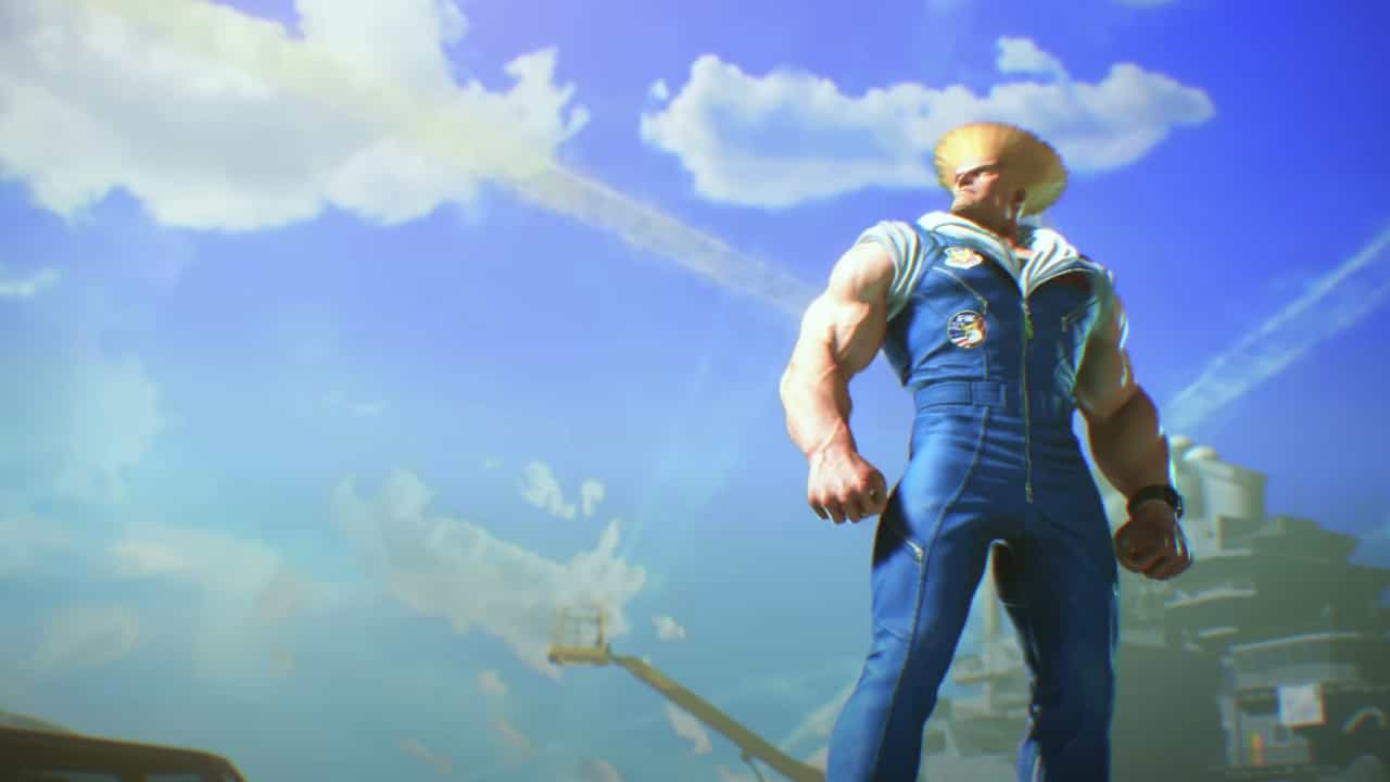 How to unlock colors in Street Fighter 6: A fighter poses while staring out towards a blue but cloudy sky.
