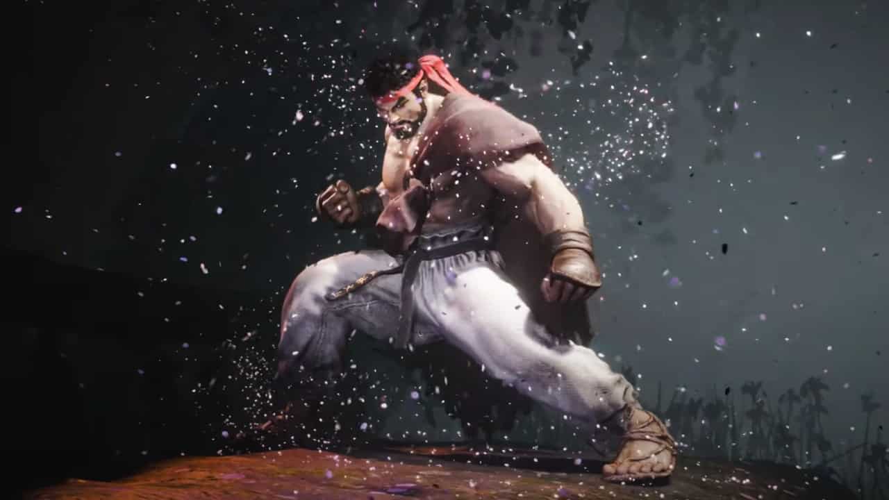 How to unlock colors in Street Fighter 6: Ryu poses surrounded by petal blossoms, assuming a fighting stance.