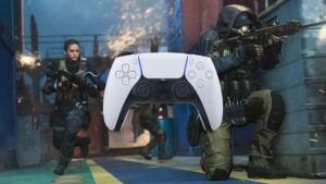 PlayStation 5 controller superimposed over an image of characters from CoD Mobile.