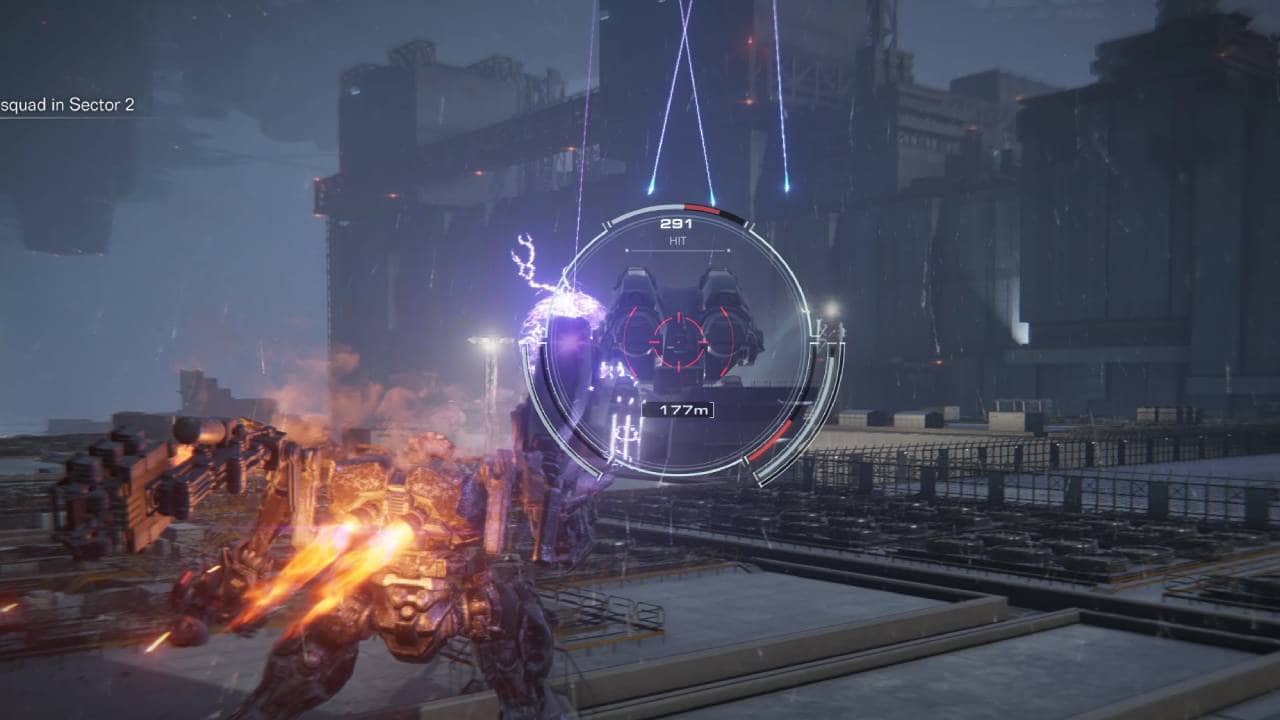 how to use shoulder weapons in armored core 6: An AC fires plasma missiles at an artillery piece.