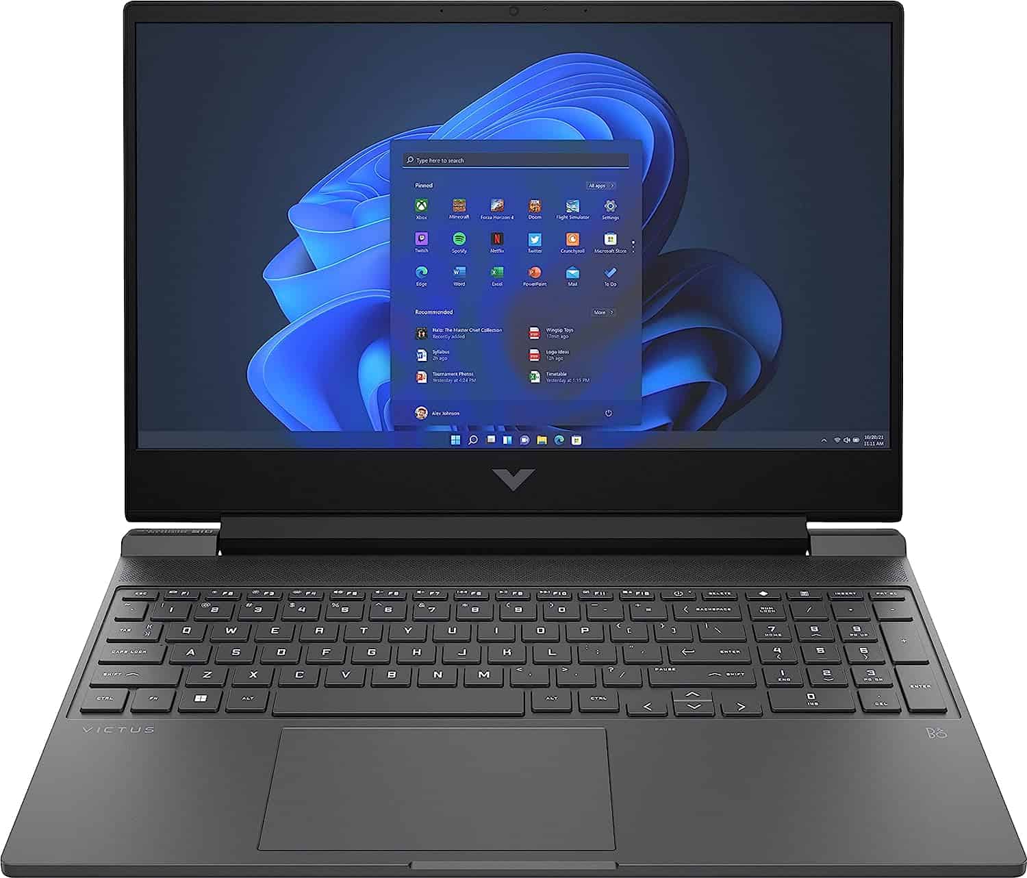 The HP Victus 15.6" laptop is open on a white background.