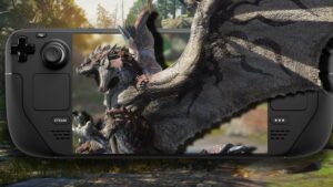 A Monster Hunter Rathalos jumping out of a steam deck