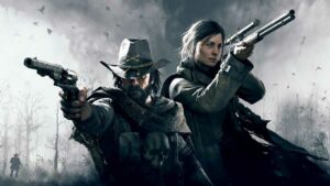 Two Hunt Showdown 1896 characters raising firearms, one with a pistol the other holding a rifle.
