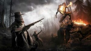 Two Hunt: Showdown 1896 characters aiming their weapons at a Hellborn