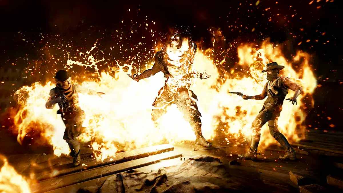 A Hellborn enemy exploding between two Hunt: Showdown characters