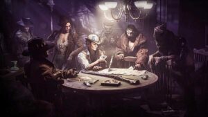 Various Hunt: Showdown characters gathered around a table full of weapons, maps, and photos.