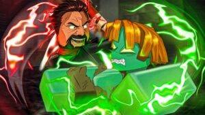 Cover image for the Roblox game Hunty Zombies, showing a man fighting a green zombie with a baseball bat.