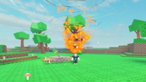 Image of the player standing next to the sword in stone with the rare Fire Huxx Aura equipped in Huzz RNG on Roblox.