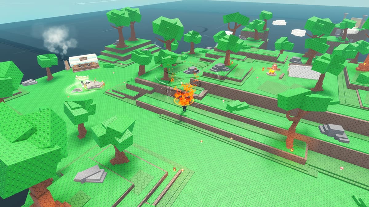 Image of the player surveying the island in Huzz RNG while holding all available items.
