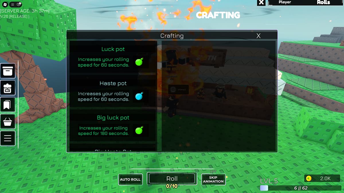 Image of the Potion crafting menu in Huzz RNG.
