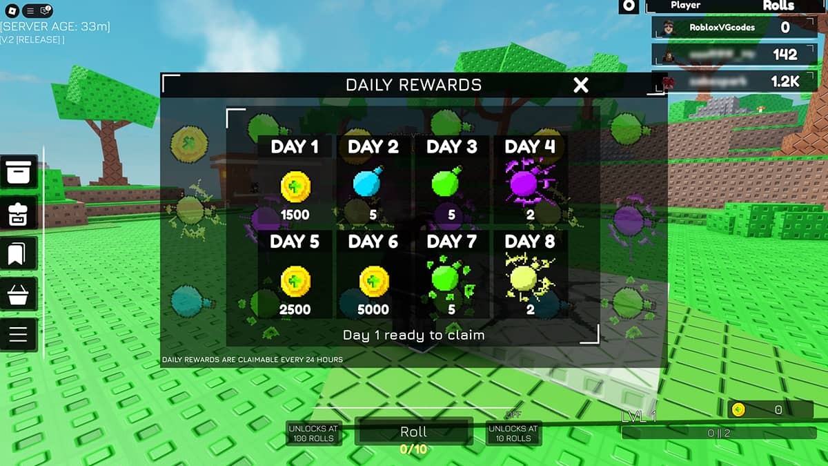 The Daily Rewards menu in Huzz RNG.