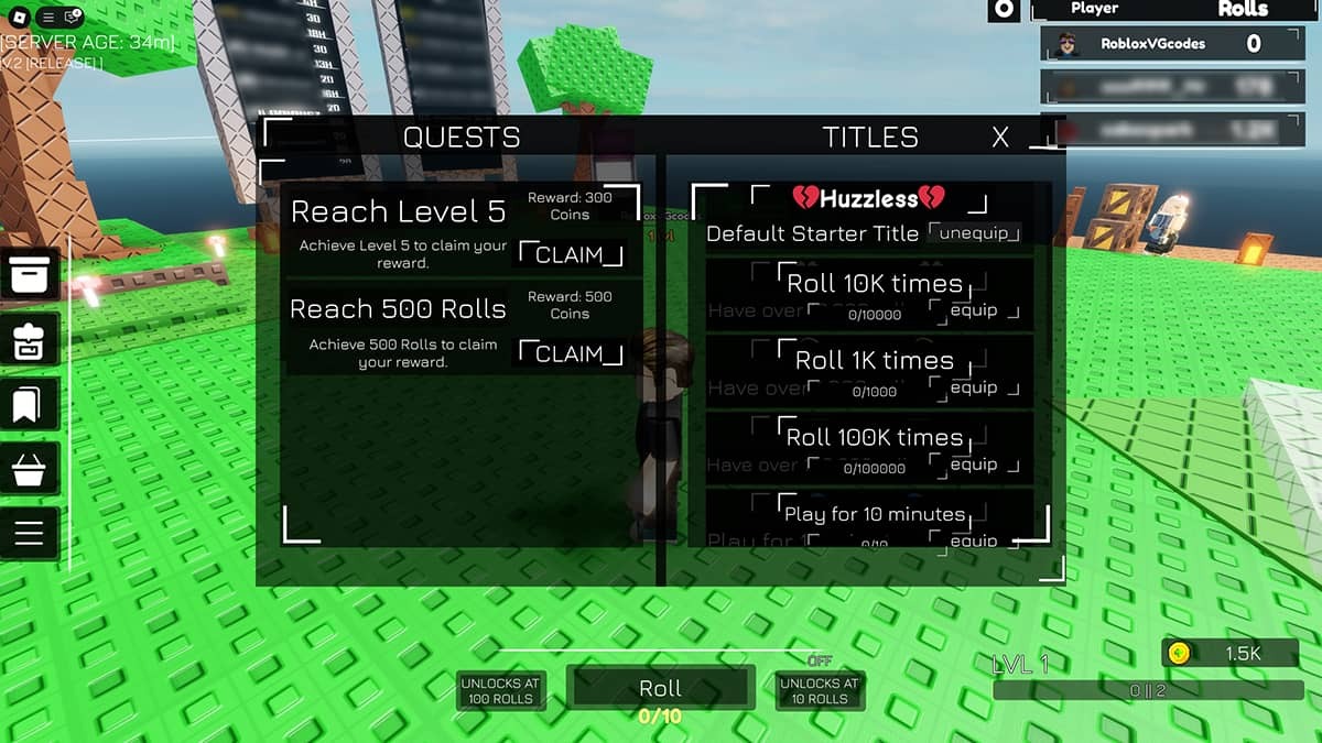 Quests menu in Huzz RNG, showing active Quests and Titles.