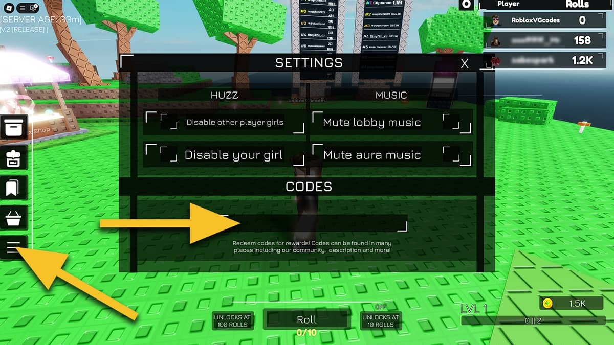 A yellow arrow pointing at the settings icon, and another yellow arrow pointing at the text box for the codes in Huzz RNG.
