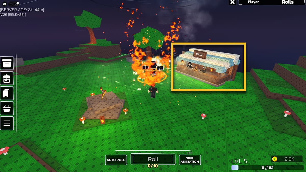 Image of the player approaching the Smith booth in Huzz RNG, with the booth outlined in a yellow box.