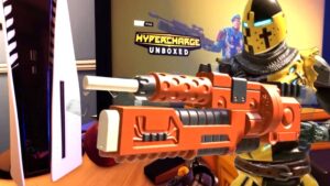 Hypercharge Unboxed character next to a PS5 console