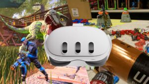 A Meta Quest 3 headset on top of Hypercharge Unboxed to signify a potential VR version
