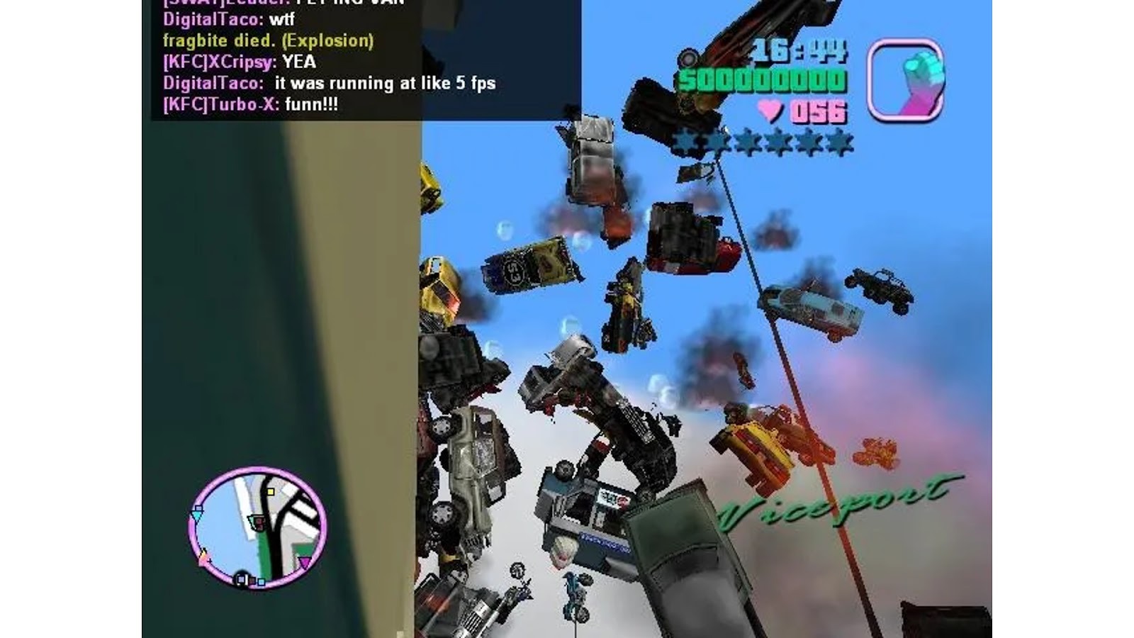 A cascade of GTA vehicles rain down in Multi Theft Auto