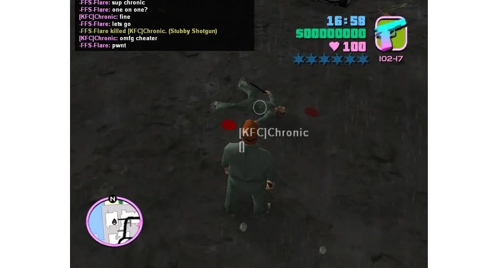 FFS-Flare stands over the bloodied corpse of KFC Chronic in Multi Theft Auto 