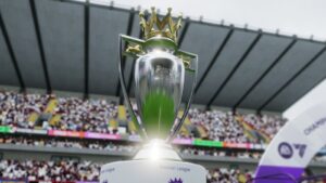 Football Manager 26 Premier League trophy shining in the sunlight