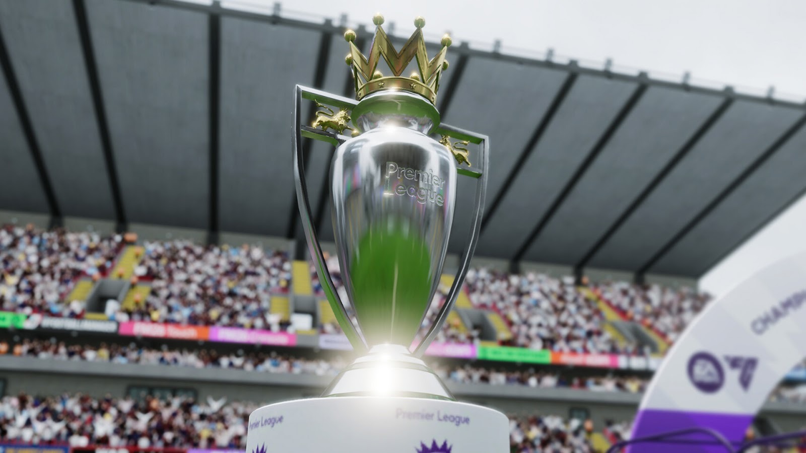 Football Manager 26 Premier League trophy shining in the sunlight