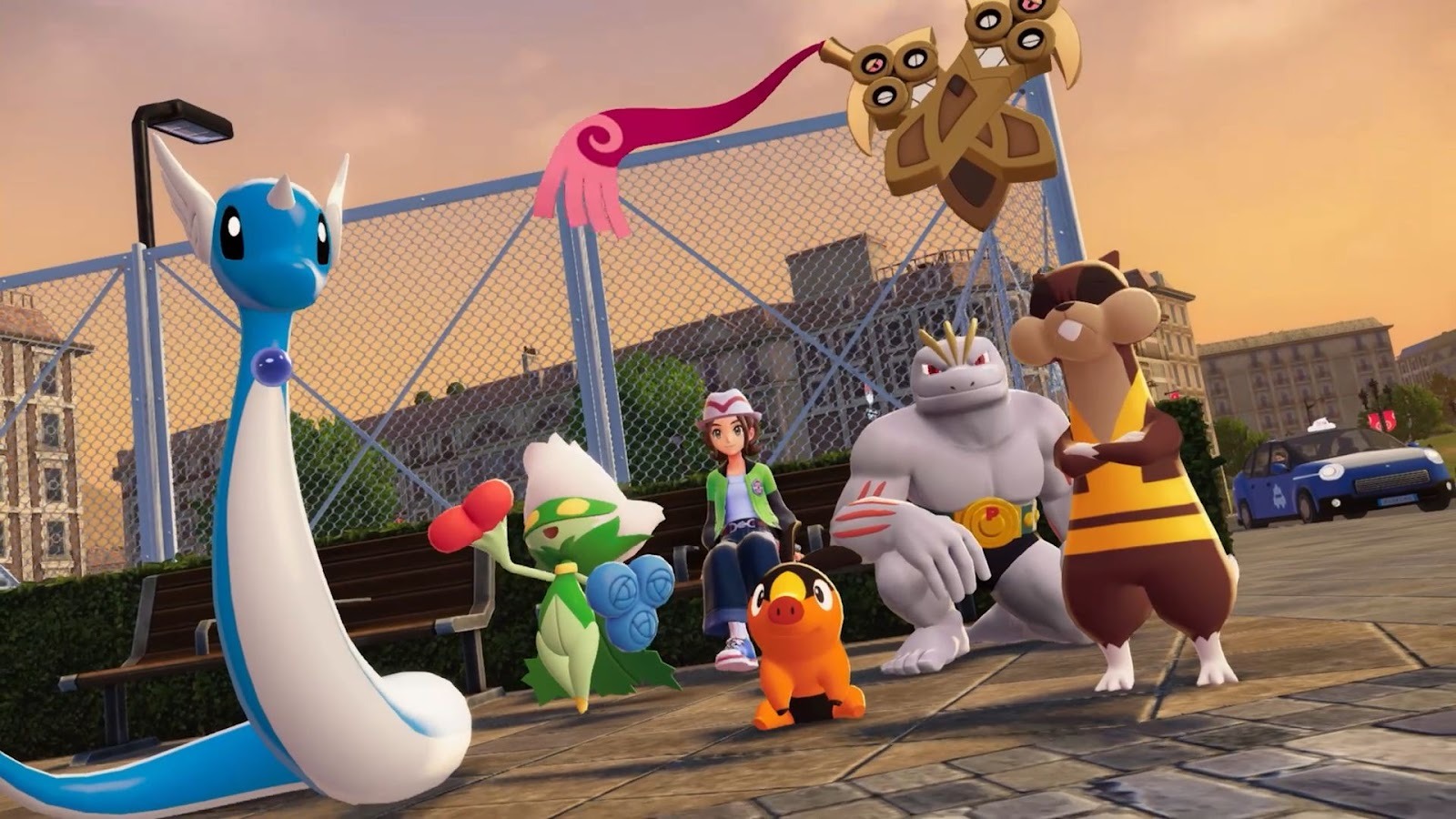 Pokémon Legends Z-A - A trainer and her squad ready for battle at dusk