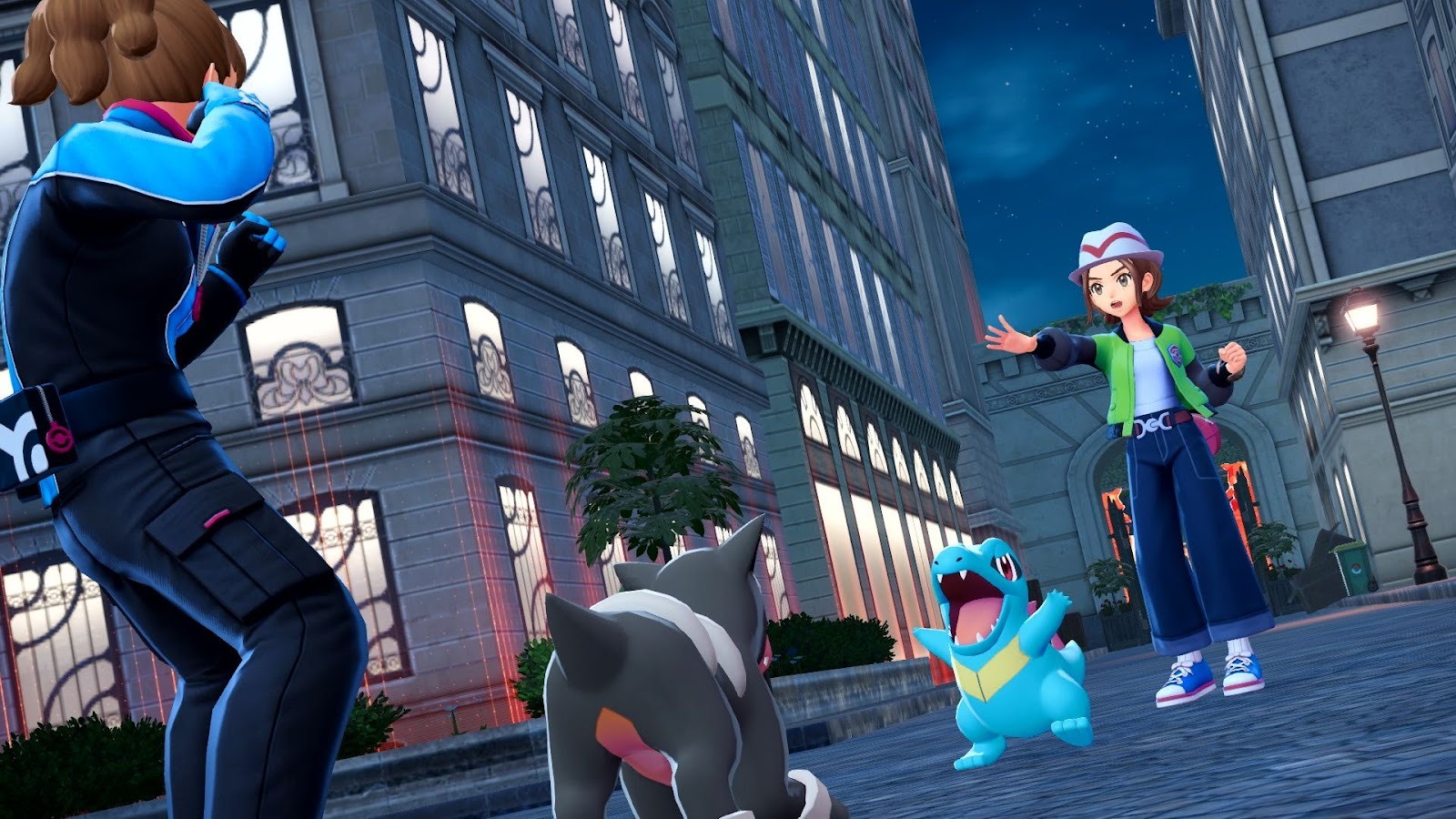 Pokémon Legends Z-A - Totodile and their trainer battle a Houndour at night