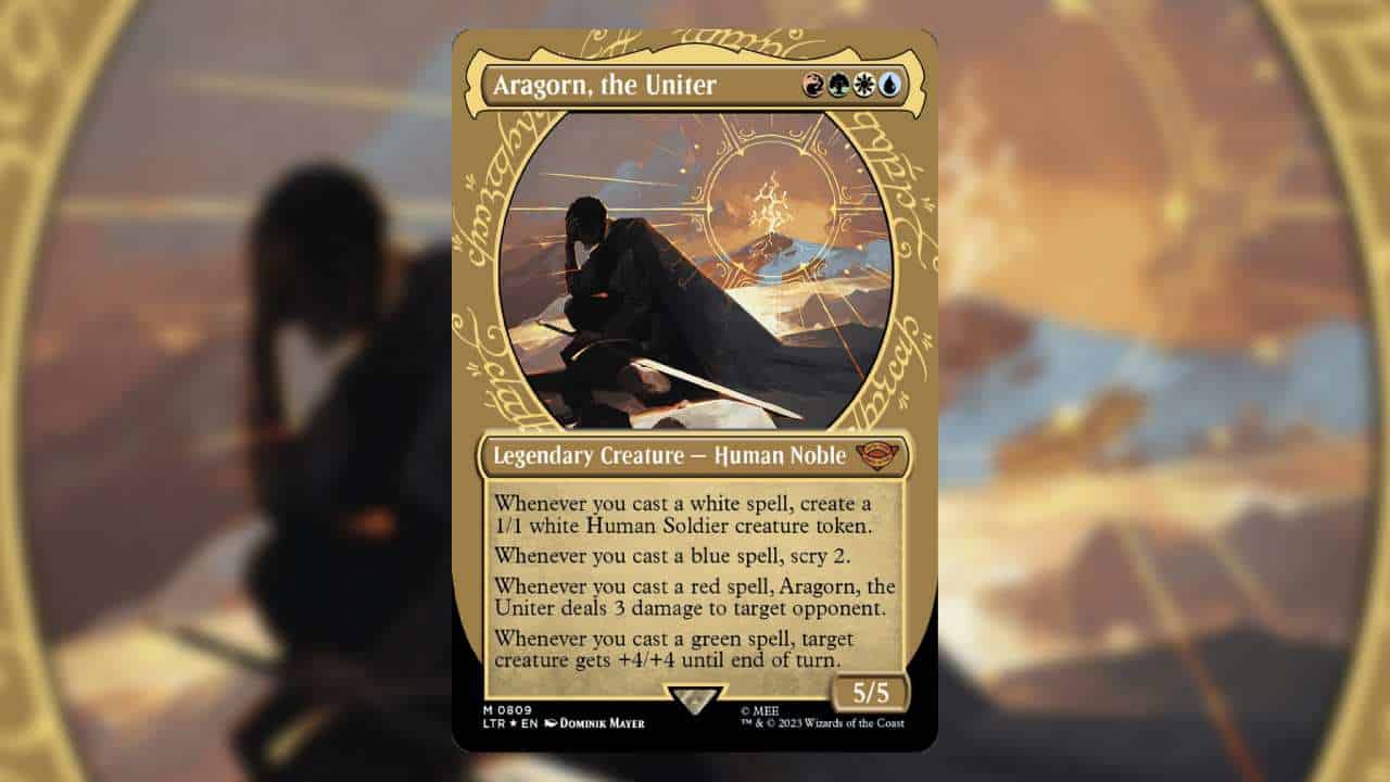 Most expensive MTG Lord of the Rings cards: The Aragorn, the Uniter card against a blurred background.