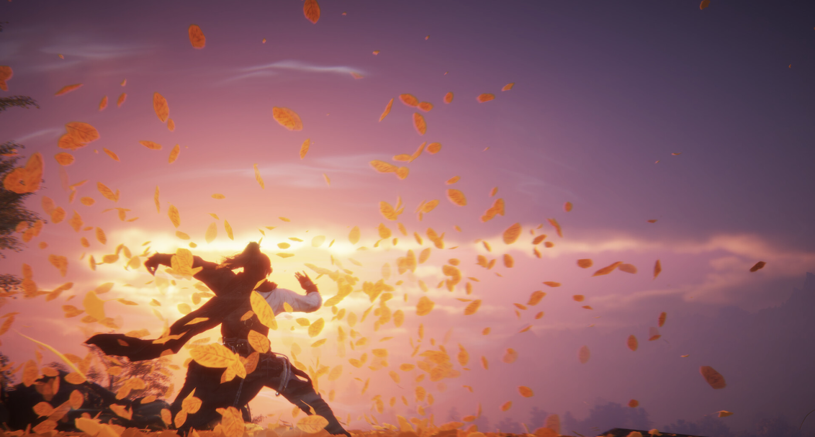 Where Winds Meet - Orange leaves dance around a warrior