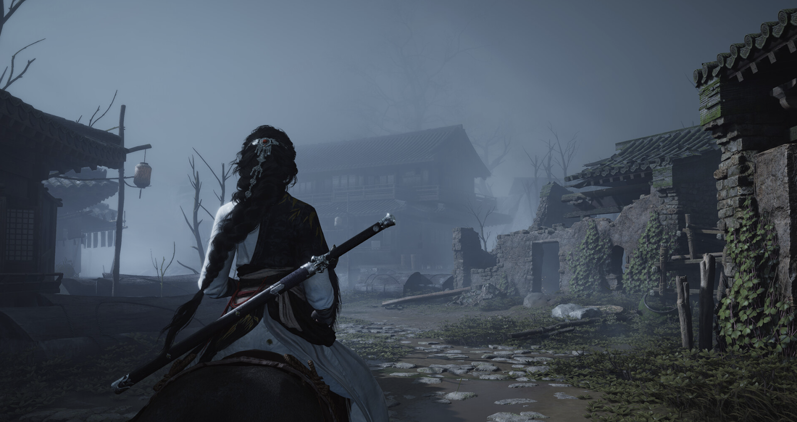 Where Winds Meet - The protagonist rides through a ruined village
