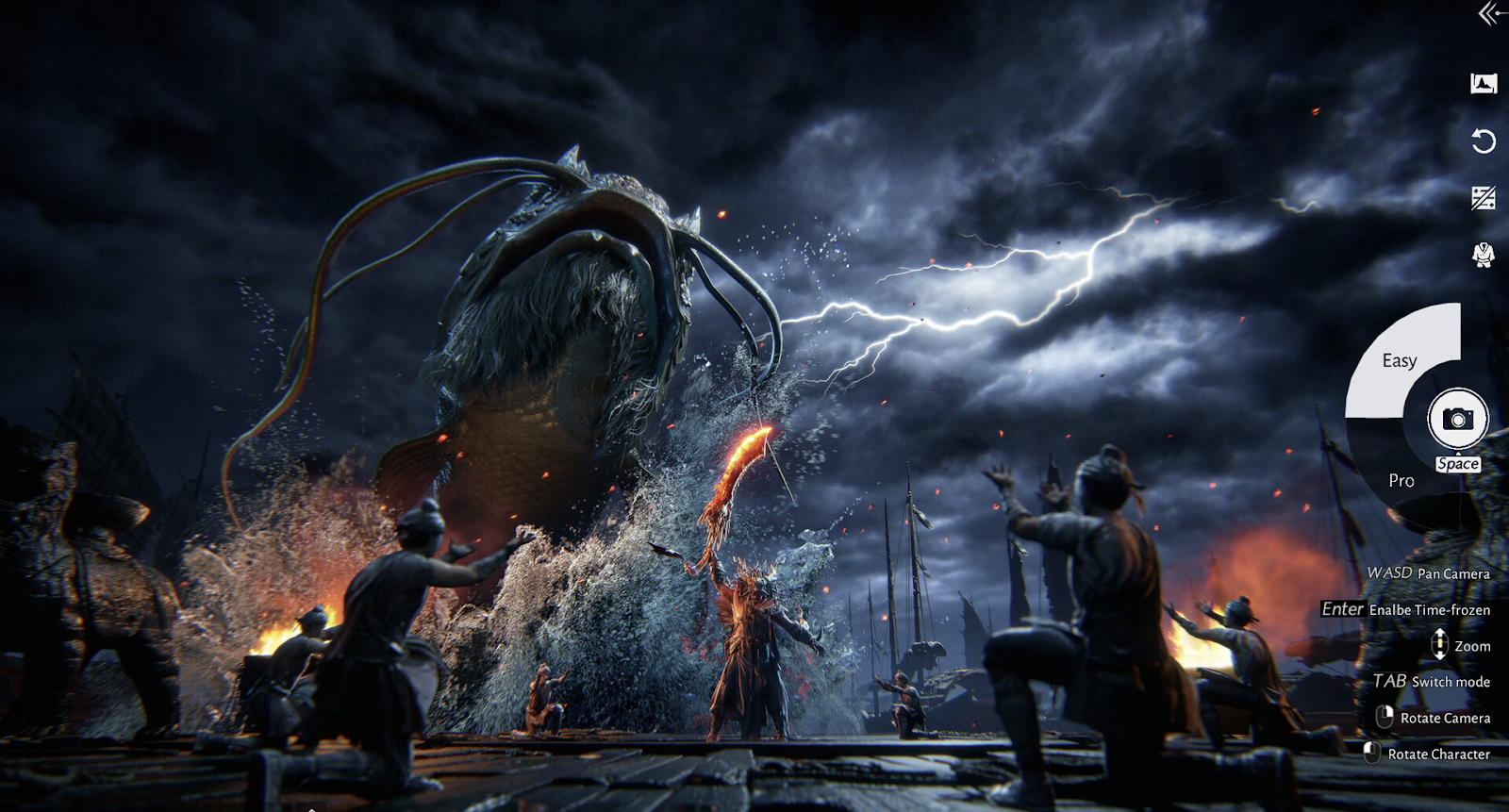 Where Winds Meet - Taking a photo of a warrior and a sea monster in photo mode