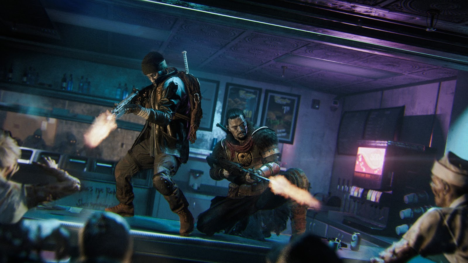 Call of Duty Black Ops 7 - Two soliders fight off zombies in an enclosed lab environment