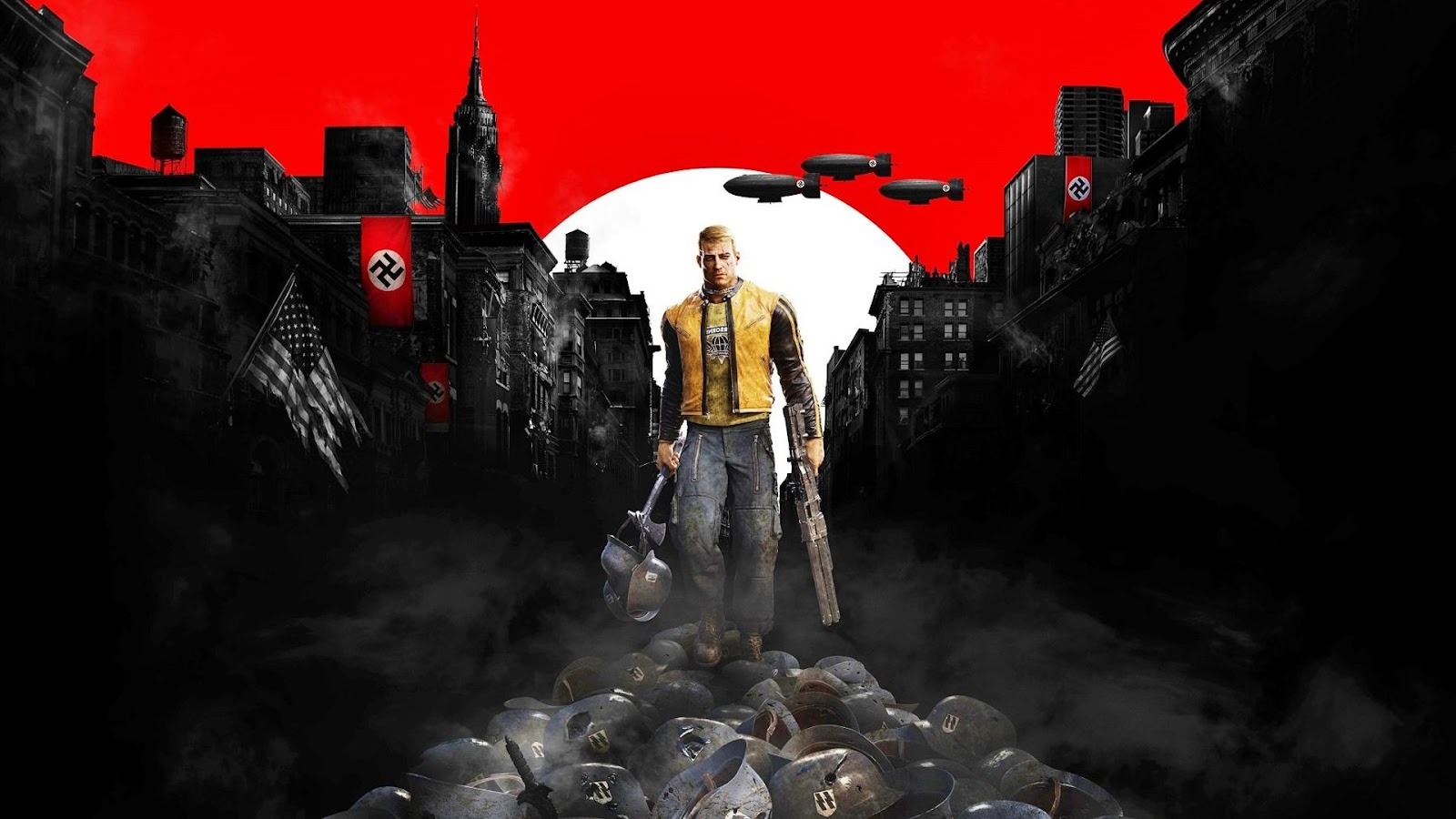Wolfenstein 2 The New Colossus - B.J. Blazkowicz strides across a road of Nazi helmets