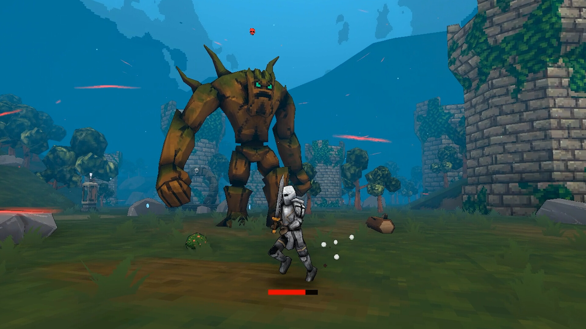 Megabonk - A knight retreats from a meaning tree monster