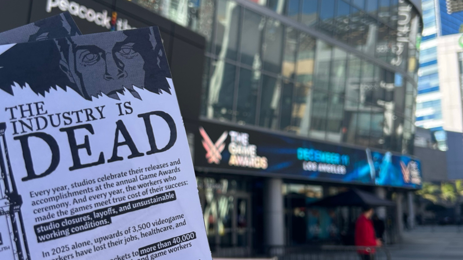 The Game Awards - A protest flyer outside the peacock theatre