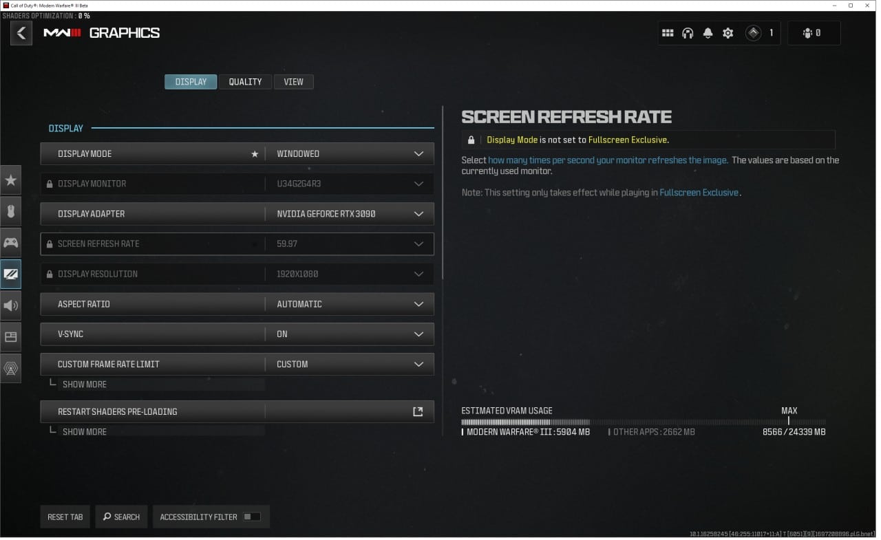 An image of the Settings menu in MW3. Image captured by VideoGamer.