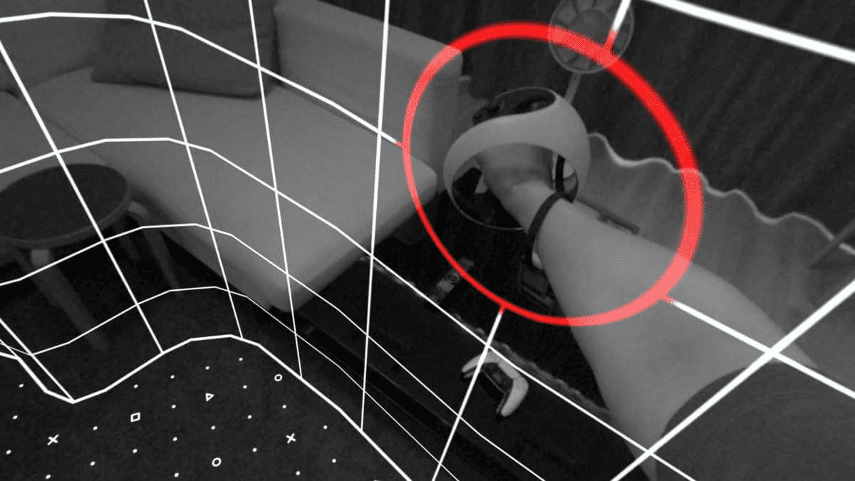 An image displaying the PSVR 2 see through mode. A greyed out image has grids around it.