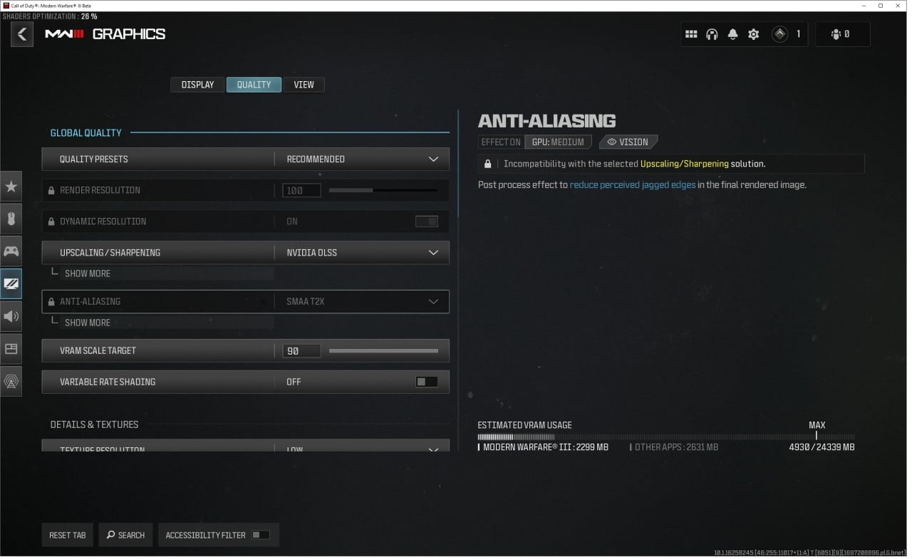 An image of the Settings menu in MW3. Image captured by VideoGamer.