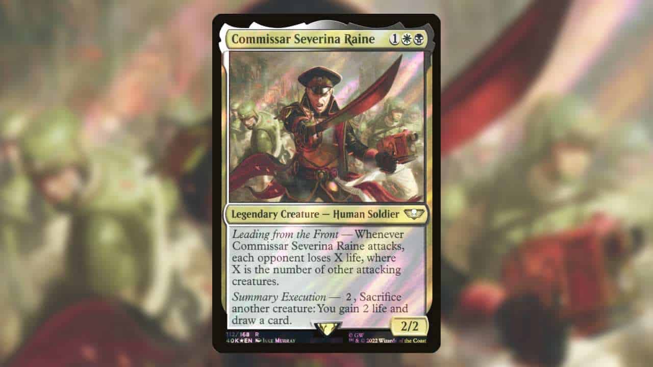 Most expensive MTG Warhammer cards: Commissar Severina Raine, decorative. A commander charges into battle.