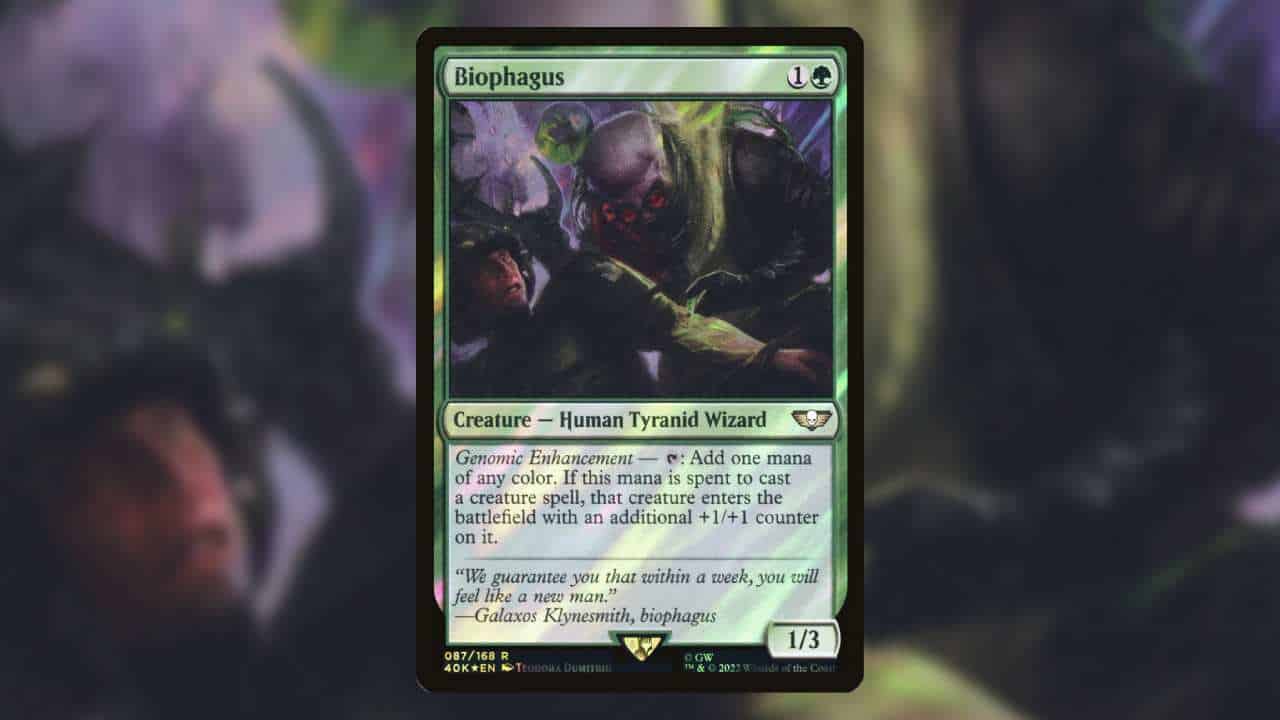 Most expensive MTG Warhammer cards: Biophagus, decorative. An evil creature wearing a mask and a helpless soldier.